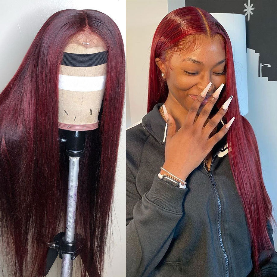 30 Inch 99j Burgundy Lace Front Wig Bone Straight Human Hair Wigs For Women Pre Plucked Colored Hd Transparent Lace Frontal Wig