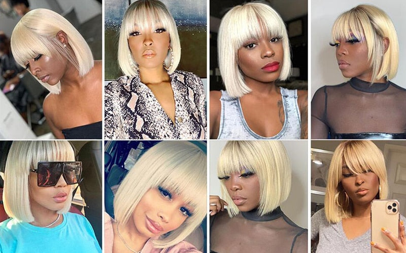 613 Brazilian Straight Human Hair Bob Wigs with Bangs Big Sale Glueless Short Inch Blonde Wig Remy Human Hair Wigs for Women