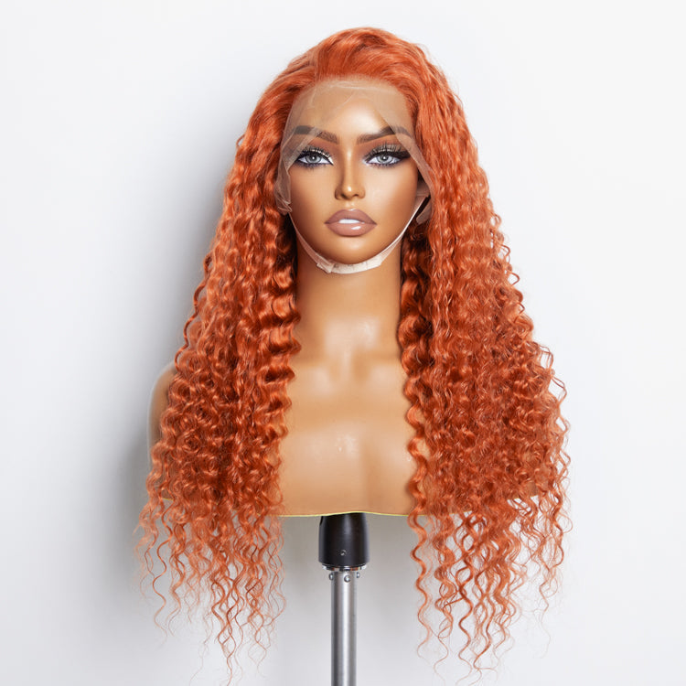 Tedhair 24 Inches Ginger 13"x4" Lace Front Deep Wavy Wig Pre-Plucked Free Part 150% Density-100% Human Hair