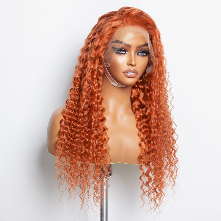 Tedhair 24 Inches Ginger 13"x4" Lace Front Deep Wavy Wig Pre-Plucked Free Part 150% Density-100% Human Hair
