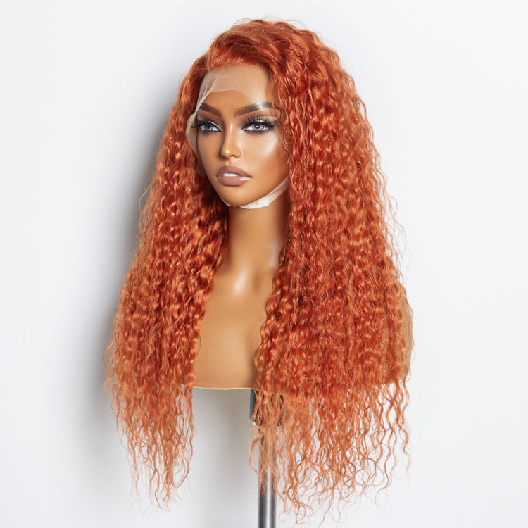 Tedhair 24 Inches Ginger 13"x4" Lace Front Water Wavy Wig Pre-Plucked Free Part 150% Density-100% Human Hair