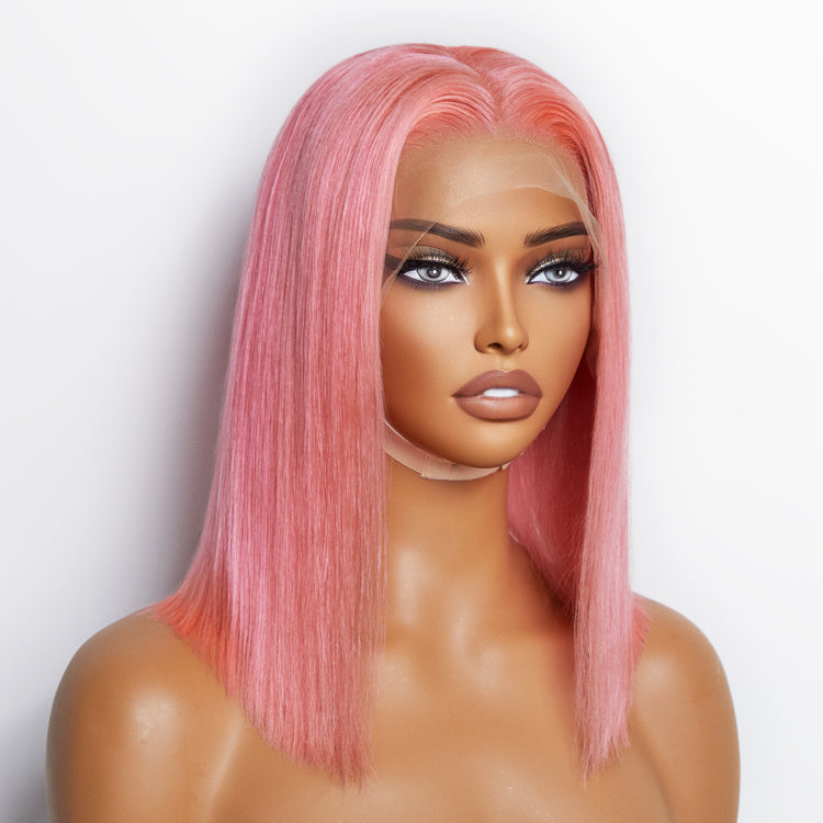 Tedhair 12 Inches Pre-Plucked 13"x4" #Pink Straight Bob Lace Frontal Wig 150% Density-100% Human Hair