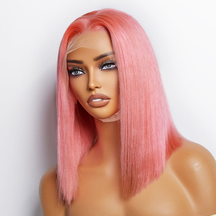Tedhair 12 Inches Pre-Plucked 13"x4" #Pink Straight Bob Lace Frontal Wig 150% Density-100% Human Hair