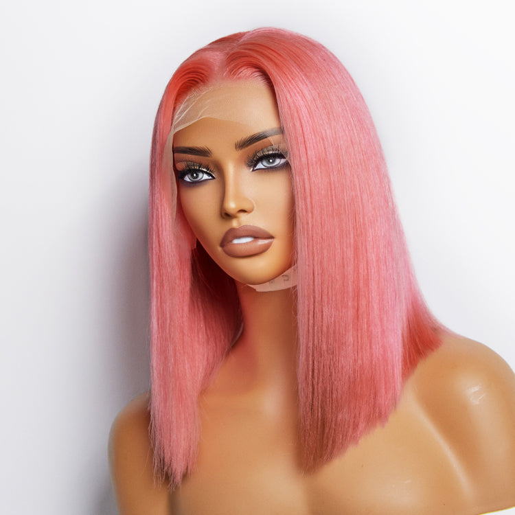 Tedhair 12 Inches Pre-Plucked 13"x4" #Pink Straight Bob Lace Frontal Wig 150% Density-100% Human Hair
