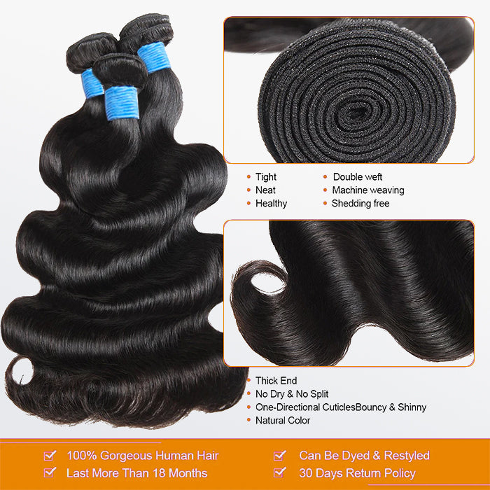 TedHair 10-40 Inch Body Wavy Virgin Brazilian Hair #1B Natural Black