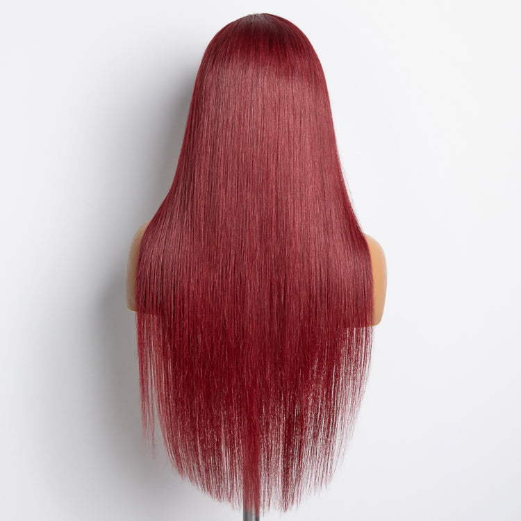 Tedhair 24 Inches Burgundy 13"x4" Lace Front Straight Wig Pre-Plucked Free Part 150% Density-100% Human Hair