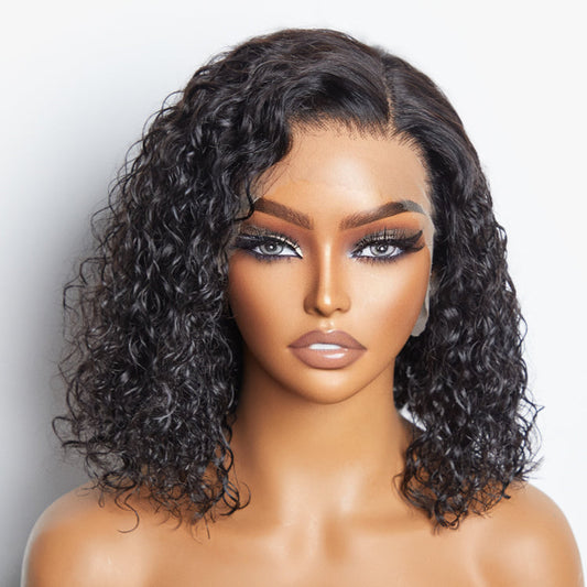 TedHair 12/14 Inches 13"x4" Natural Black Water Wavy Bob 3D Transparent Lace Frontal Wig-100% Human Hair