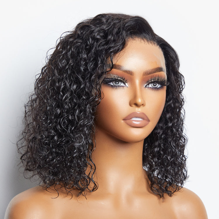 TedHair 12/14 Inches 13"x4" Natural Black Water Wavy Bob 3D Transparent Lace Frontal Wig-100% Human Hair