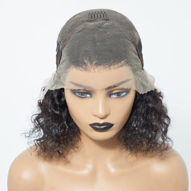 TedHair 12/14 Inches 13"x4" Natural Black Water Wavy Bob 3D Transparent Lace Frontal Wig-100% Human Hair