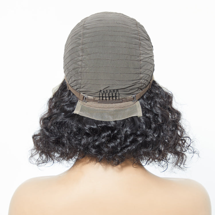 TedHair 12/14 Inches 13"x4" Natural Black Water Wavy Bob 3D Transparent Lace Frontal Wig-100% Human Hair