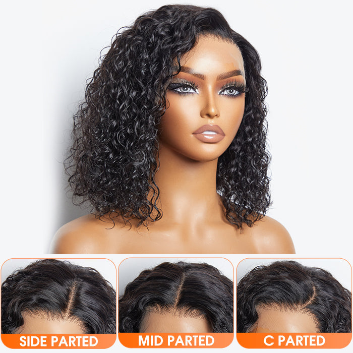 TedHair 12/14 Inches 13"x4" Natural Black Water Wavy Bob 3D Transparent Lace Frontal Wig-100% Human Hair