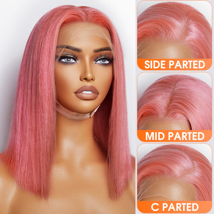 Tedhair 12 Inches Pre-Plucked 13"x4" #Pink Straight Bob Lace Frontal Wig 150% Density-100% Human Hair