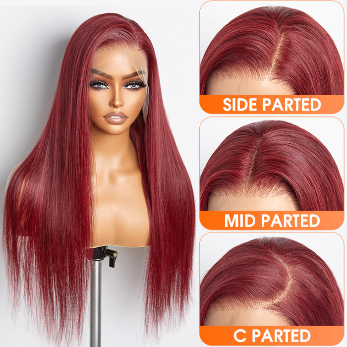 Tedhair 24 Inches Burgundy 13"x4" Lace Front Straight Wig Pre-Plucked Free Part 150% Density-100% Human Hair