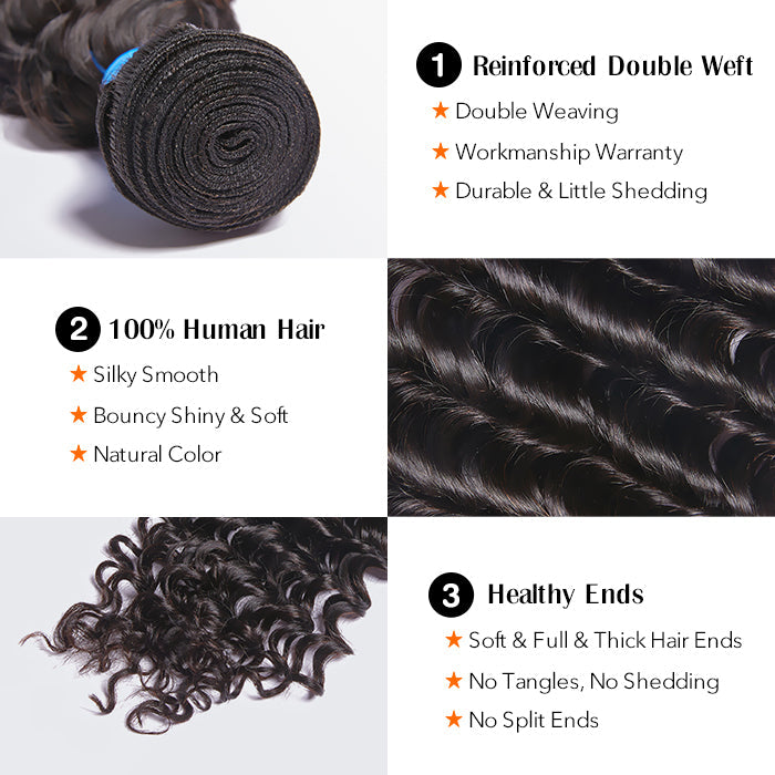 TedHair 10-30 Inch Deep Wavy Virgin Brazilian Hair #1B Natural Black