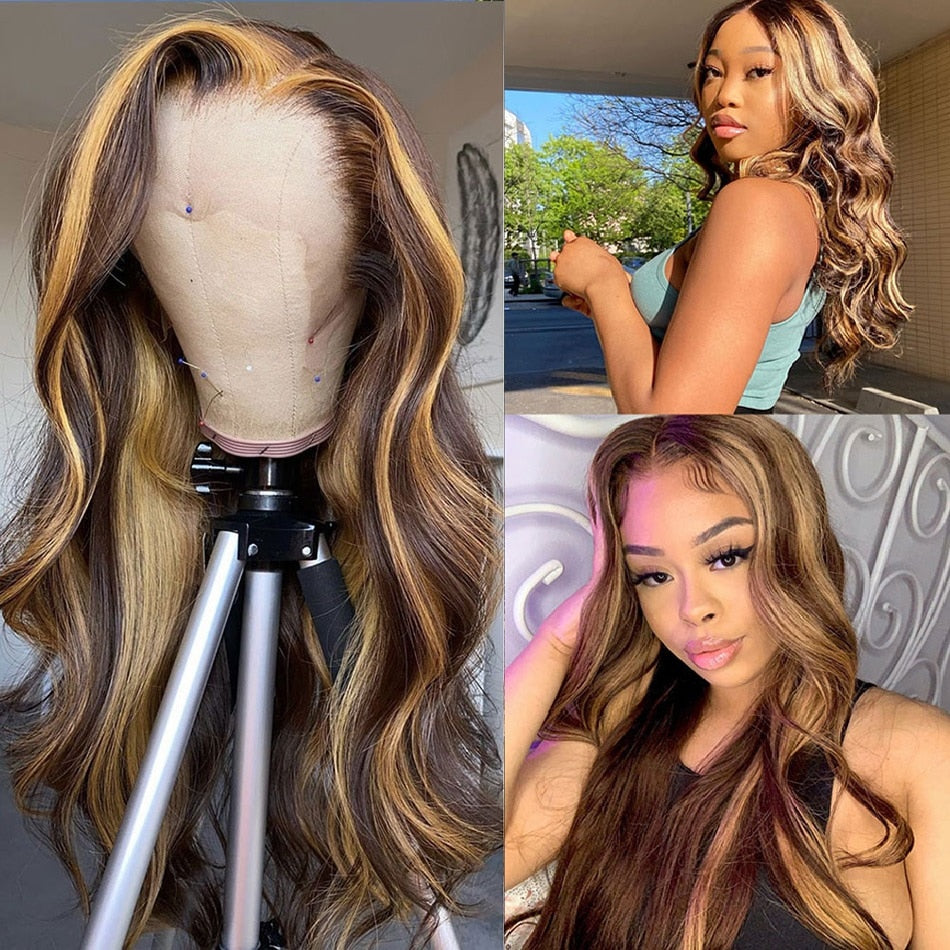 Highlight Lace Front Human Hair Wigs For Women Honey Blonde Body Wave Wigs Peruvian Pre Plucked Transparent HD Lace Frontal Wigs
