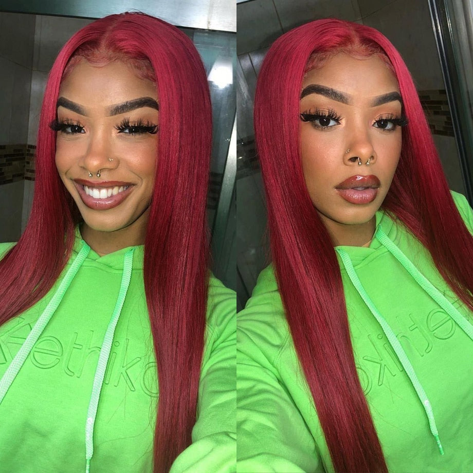 99j Burgundy Lace Front Wig Red Colored Human Hair Wigs For Women 30 Inch Pre-Plucked Hd Transparent Straight Human Hair Wig