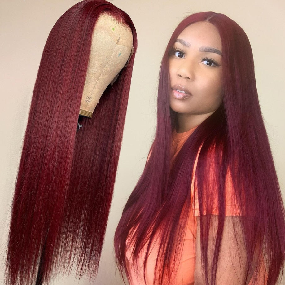 99j Burgundy Lace Front Wig Red Colored Human Hair Wigs For Women 30 Inch Pre-Plucked Hd Transparent Straight Human Hair Wig