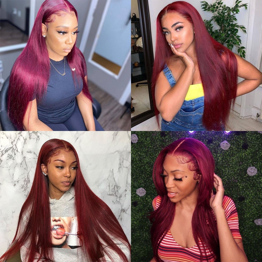 99j Burgundy Lace Front Wig Red Colored Human Hair Wigs For Women 30 Inch Pre-Plucked Hd Transparent Straight Human Hair Wig