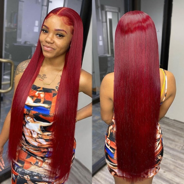 99j Burgundy Lace Front Wig Red Colored Human Hair Wigs For Women 30 Inch Pre-Plucked Hd Transparent Straight Human Hair Wig