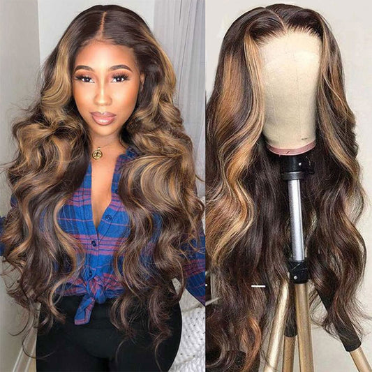 Highlight Lace Front Human Hair Wigs For Women Honey Blonde Body Wave Wigs Peruvian Pre Plucked Transparent HD Lace Frontal Wigs