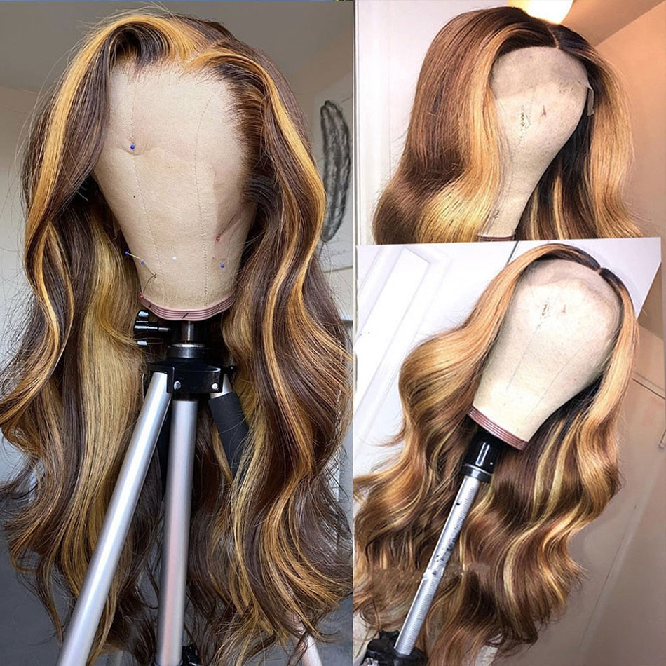 Highlight Lace Front Human Hair Wigs For Women Honey Blonde Body Wave Wigs Peruvian Pre Plucked Transparent HD Lace Frontal Wigs