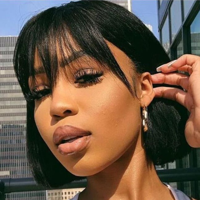 613 Brazilian Straight Human Hair Bob Wigs with Bangs Big Sale Glueless Short Inch Blonde Wig  Remy Human Hair Wigs for Women